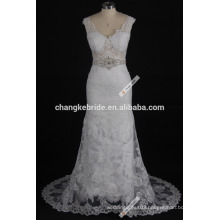Western Pattern Lace Top Cap Sleeve Satin Bridal Bateau Neckline Lace Vintage Wedding Dress